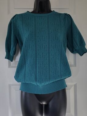 Amazon Teal Pointelle Puff Sleeve Knit Top